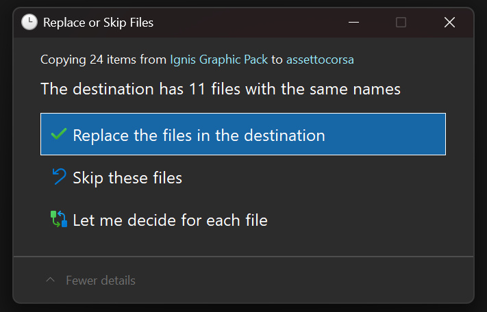 Click on "remplace de files in the destination"